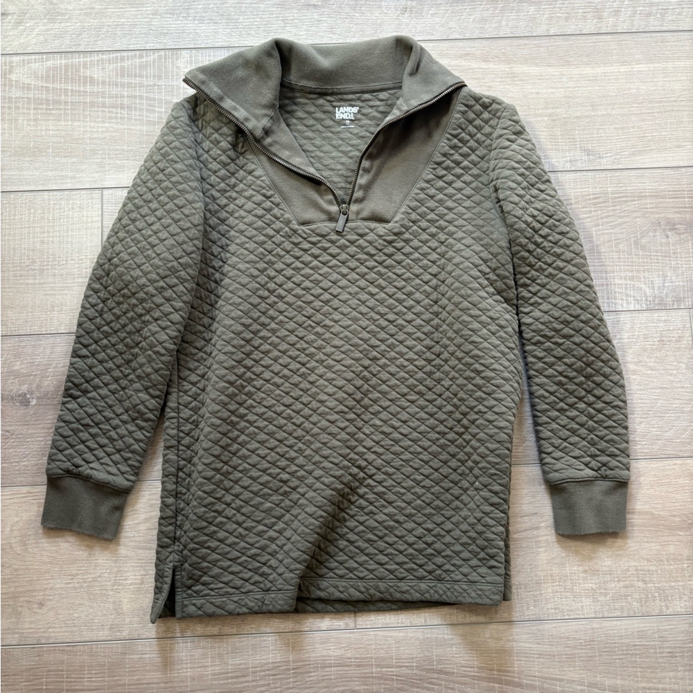 Lands End quilted olive quarter zip top